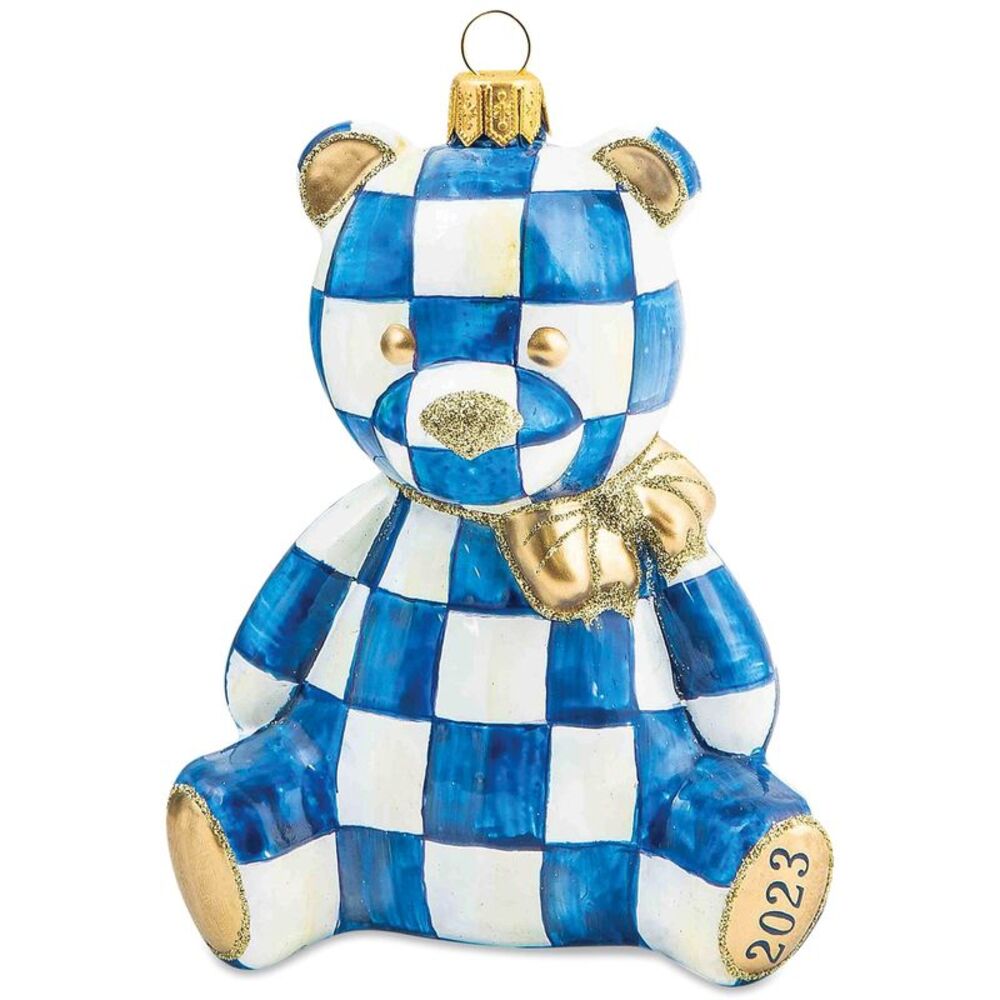 Mackenzie Childs Royal Checkered Bear Glass Christmas Ornament 2023 - NIB $88